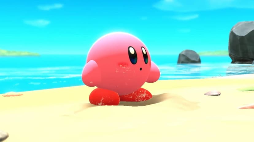 Kirby stands on a sandy tropical beach with a curious expression under a bright blue sky with ocean waves.