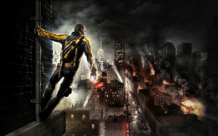 Cole MacGrath on a rooftop ledge overlooking a smoky, burning city at night with electricity glowing from his hand.