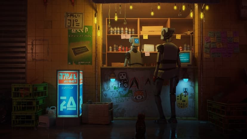 Humanoid robots interact at a neon-lit market stall in a dark alley while a cat sits in the foreground.