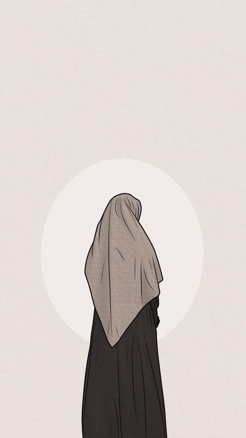 Woman in a black hijab and long dress facing a large soft circular sun against a textured cream background.