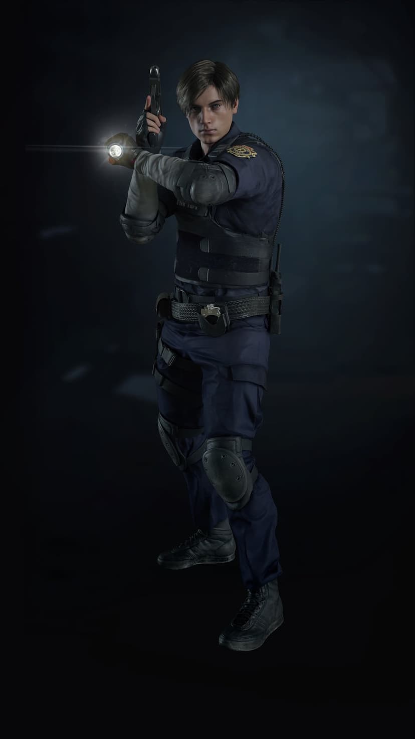 Leon Kennedy in RPD uniform holding a handgun and bright flashlight against a dark atmospheric background.