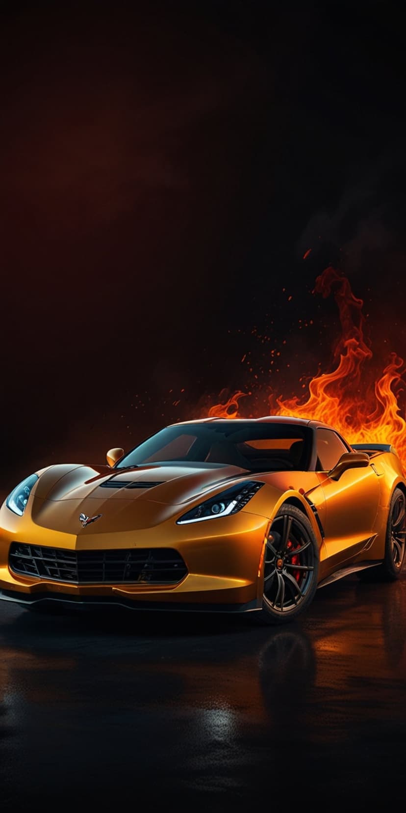 Golden Chevrolet Corvette with a reflective finish parked in front of intense orange flames on a dark road.