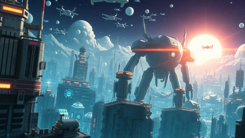 Colossal mechanical robot stands amidst glowing purple skyscrapers and flying vehicles under an orange sun.