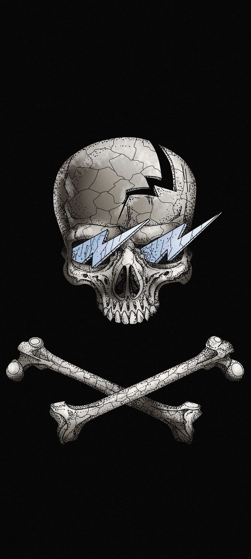Cracked human skull wearing lightning bolt shaped sunglasses positioned above crossed white bones on black.