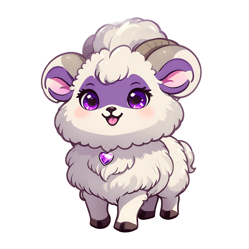 Purple ram sticker illustration with fluffy white wool, glossy violet eyes, and a heart-shaped purple pendant.