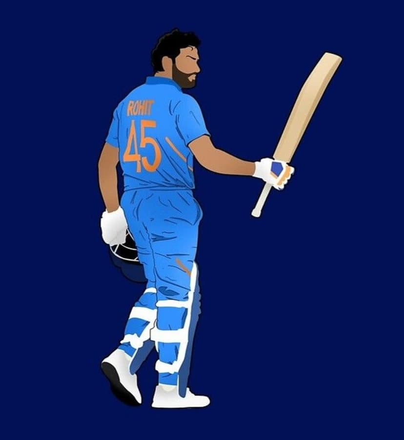 Rohit Sharma walking away wearing an India cricket kit with number 45 visible on a dark blue background.