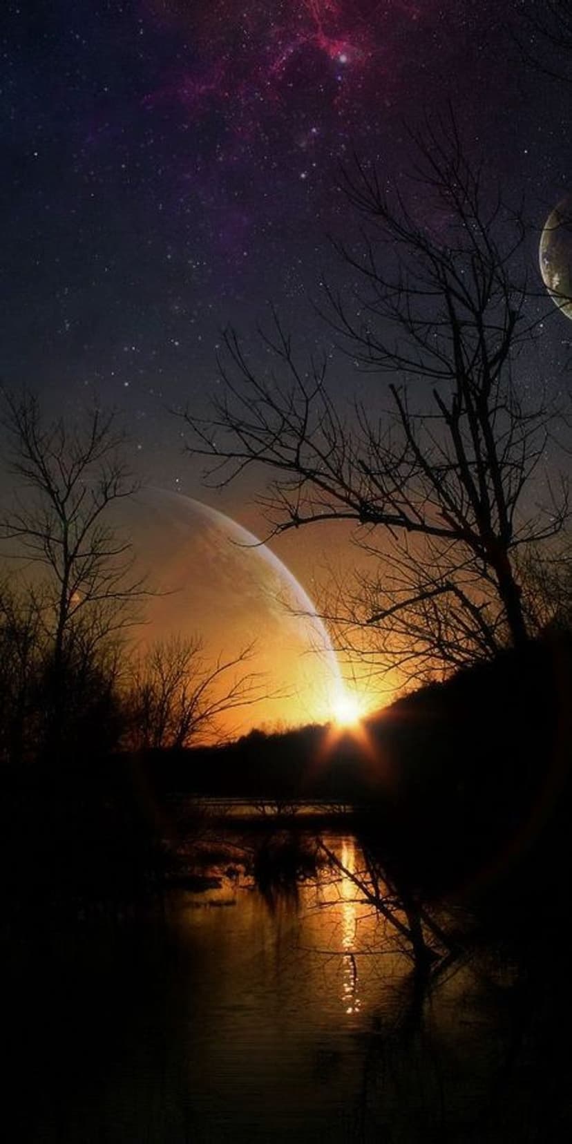 Two massive planets rising over a still lake with silhouetted trees and a starry purple sky in the distance.