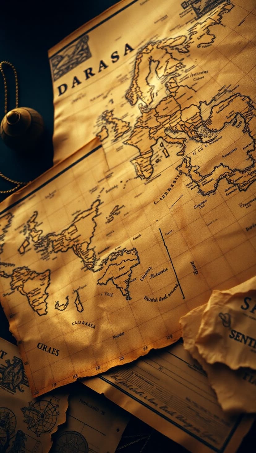 Antique world map on aged parchment lies next to a brass nautical instrument with a metallic chain and script.