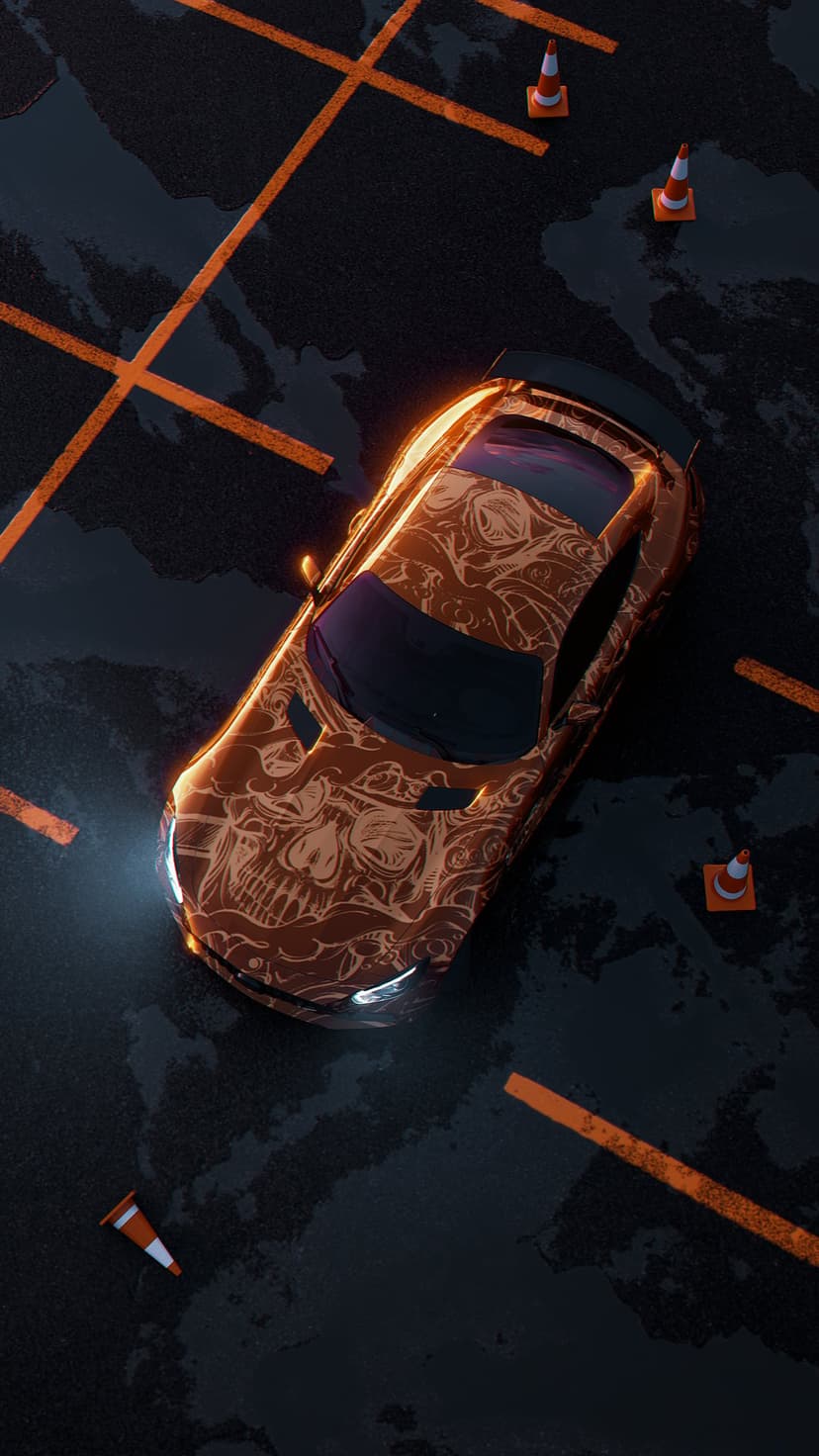 Orange sports car with skull graphics on wet pavement with traffic cones and glowing headlights at night.