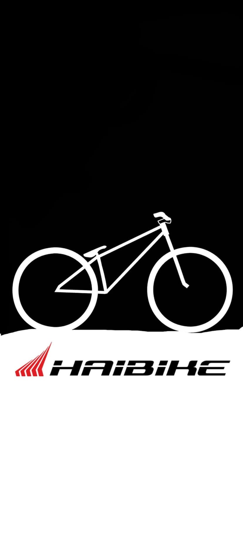 Haibike mountain bike silhouette in white against black with a red geometric element and brand logo below.