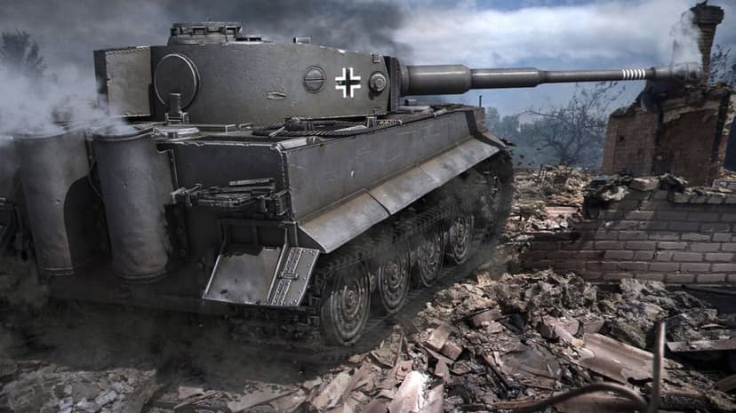 German Tiger I heavy tank moving through a field of rubble and smoking ruins under a dark cloudy sky.
