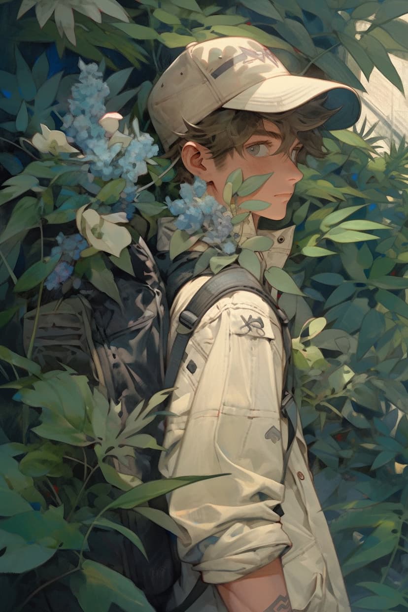 Young explorer with green eyes wearing a beige cap peers through dense green leaves and blue flowers.