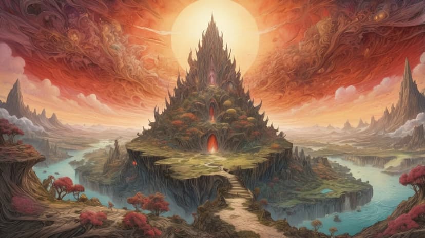 Spired castle atop a green mountain ridge overlooking a river valley under an intense orange and red sunset sky.