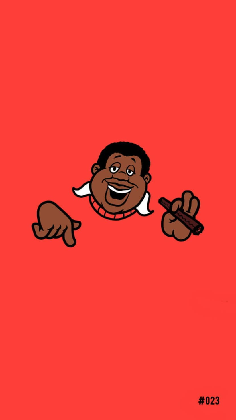 Smiling Black man holding a cigar against a vibrant red background in a bold and playful character portrait.