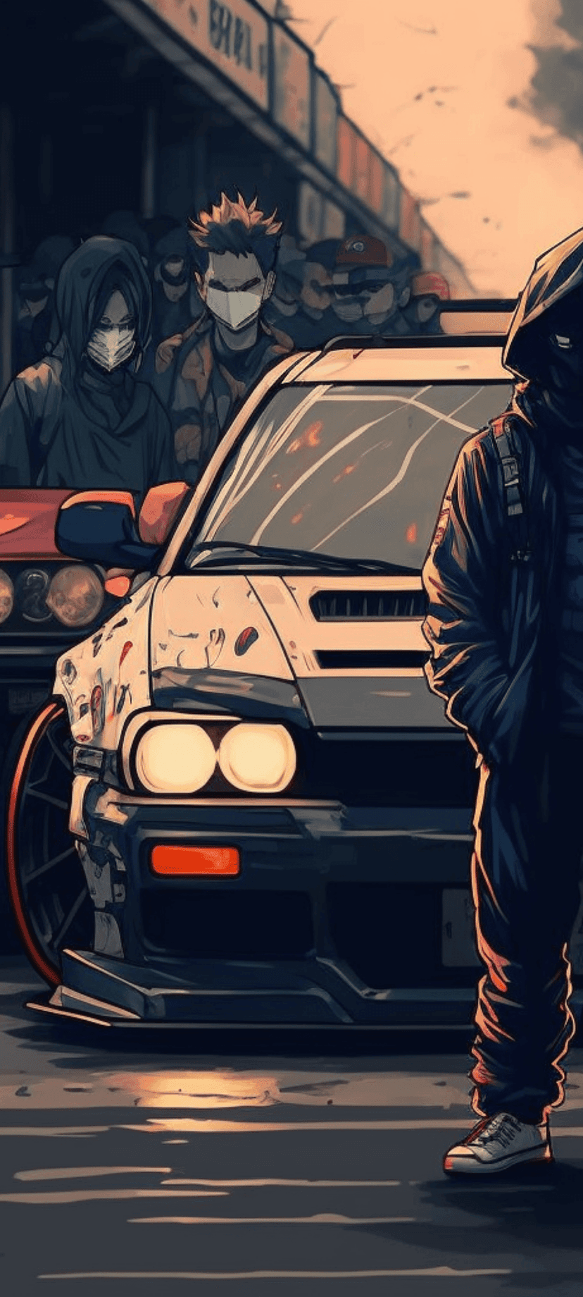 Custom sports car with a large spoiler sits on wet asphalt before a crowd of masked people during sunset.