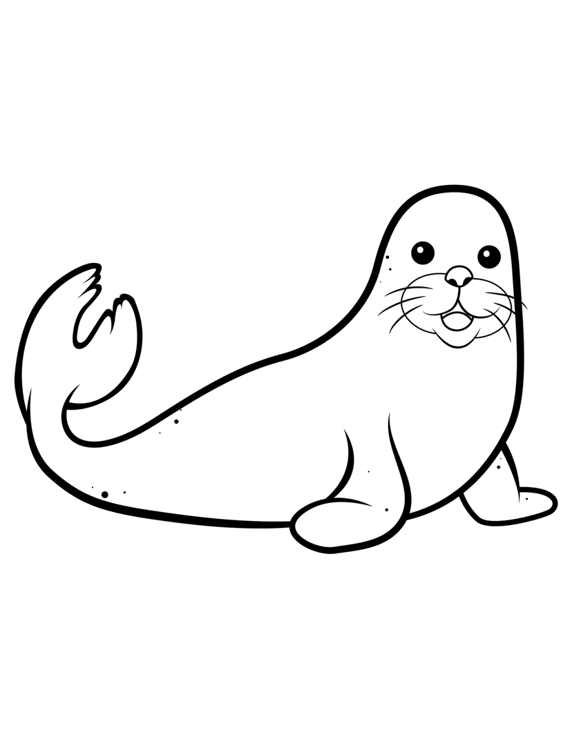 Seal line art illustration featuring a happy marine mammal with large eyes and whiskers in a bold black outline.
