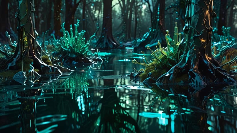 Gnarled tree roots and glowing blue neon plants reflect on dark swamp water during a mysterious night scene.