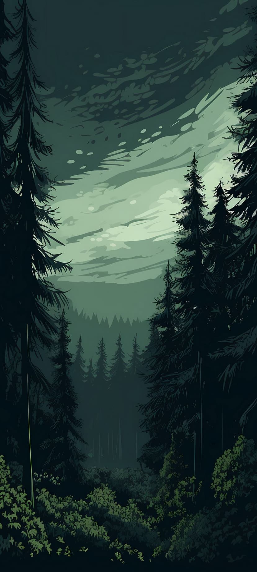 Towering pine trees border a foggy woodland path beneath swirling green clouds at the break of dawn.