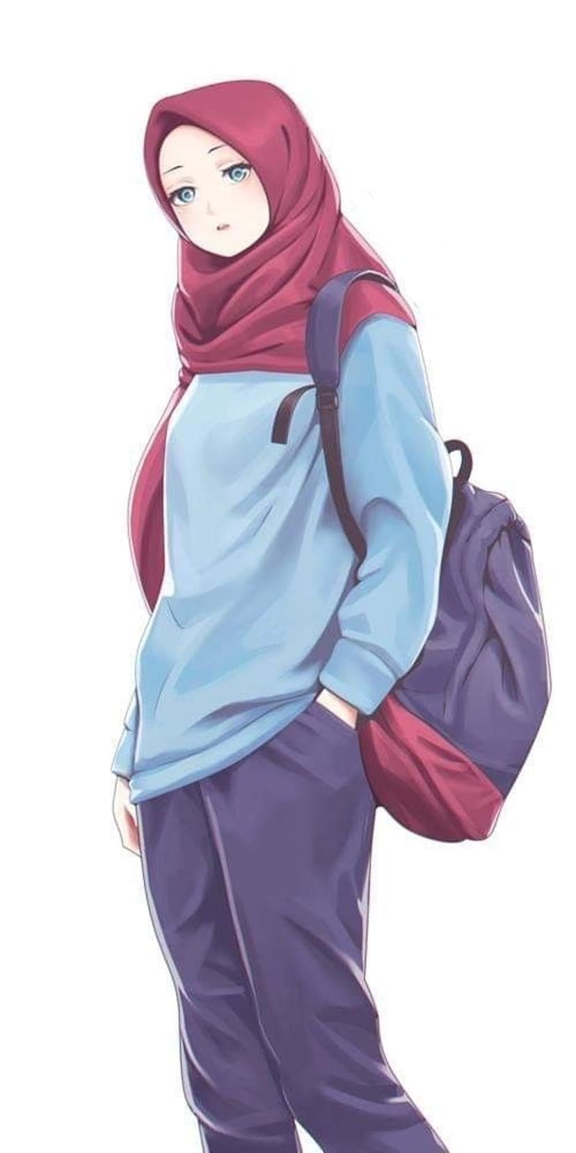 Young girl wearing a pink hijab and blue shirt carries a purple backpack with her hands in her pockets.