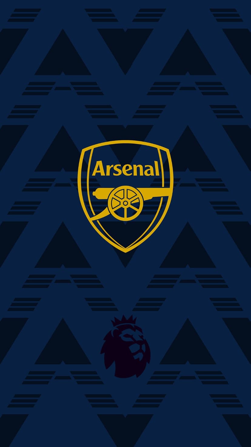 Arsenal gold cannon crest and Premier League lion head over a dark blue repeating triangle geometric background.