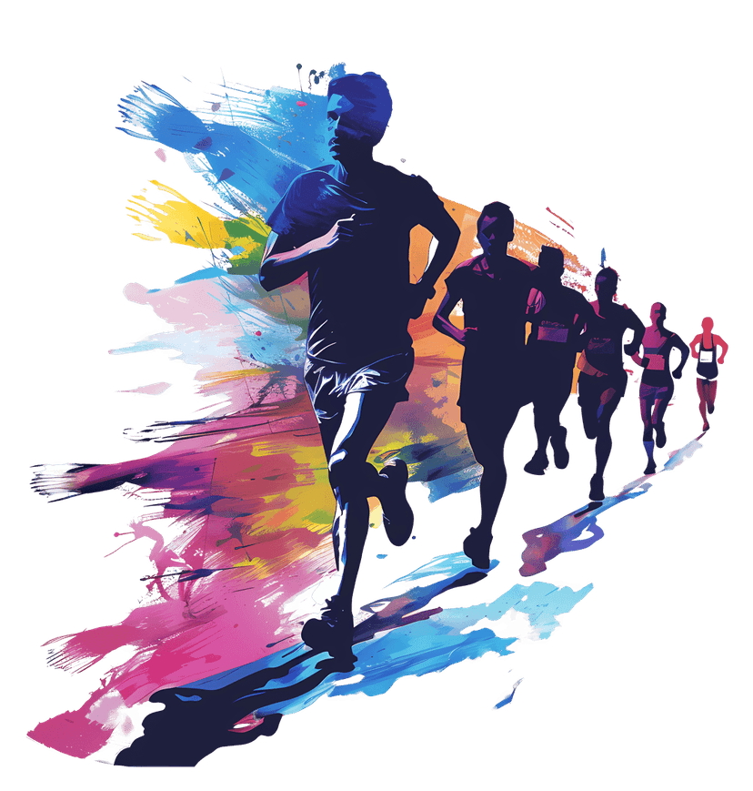 Vibrant athletic runners sprint forward in a dynamic artistic illustration showcasing colorful fluid motion blurs.