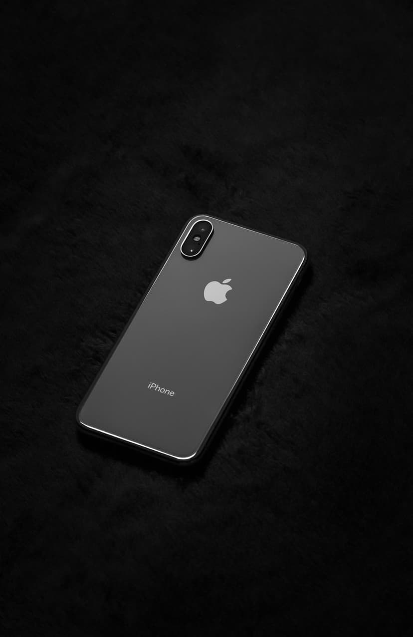 Dark grey smartphone with a visible logo lies on a black textured tabletop under soft directional studio light.