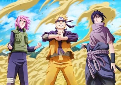 Naruto, Sasuke, and Sakura pose in a sandy battlefield