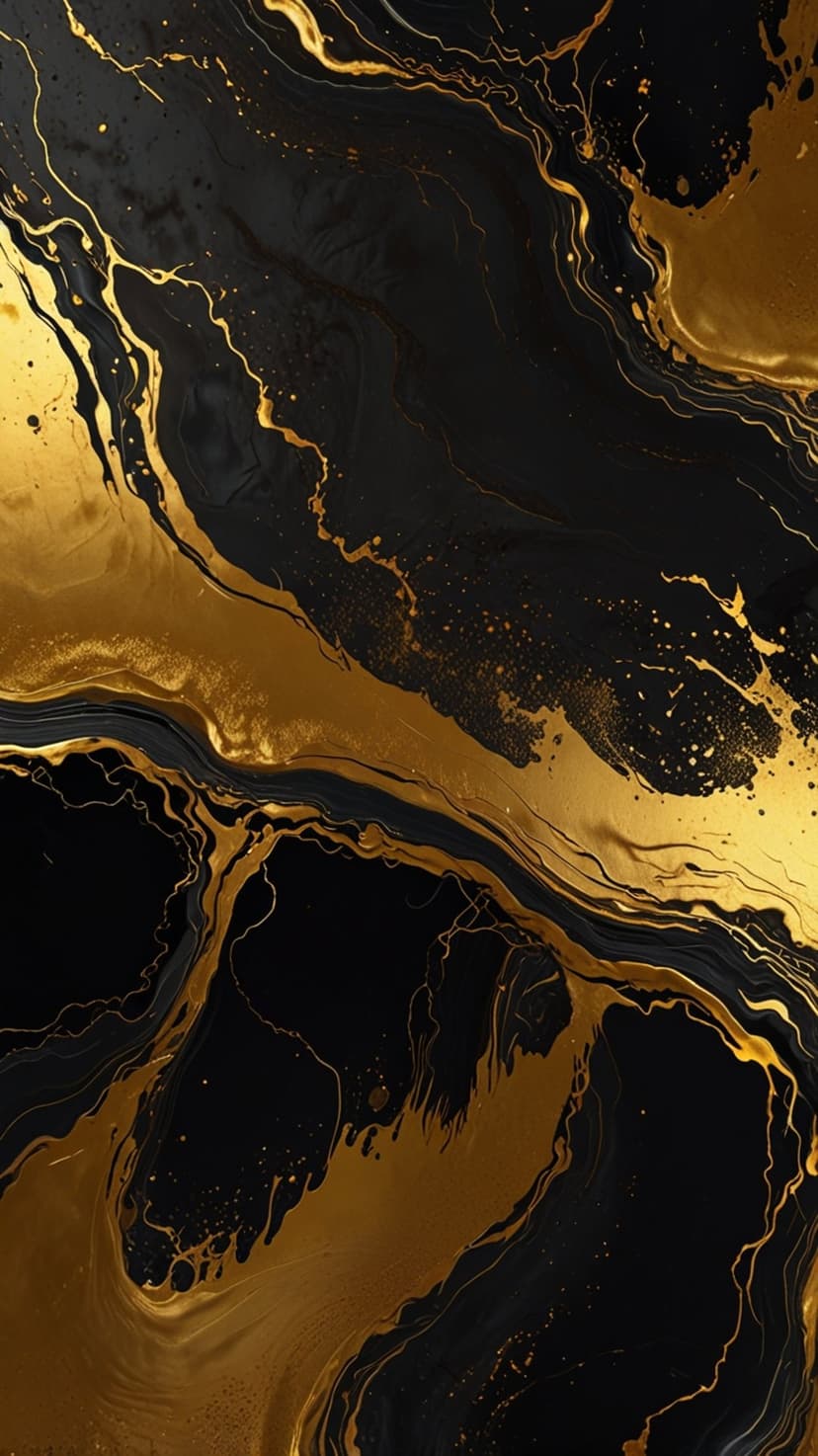Swirling gold mineral veins contrast against a polished black marble surface with fluid organic patterns.