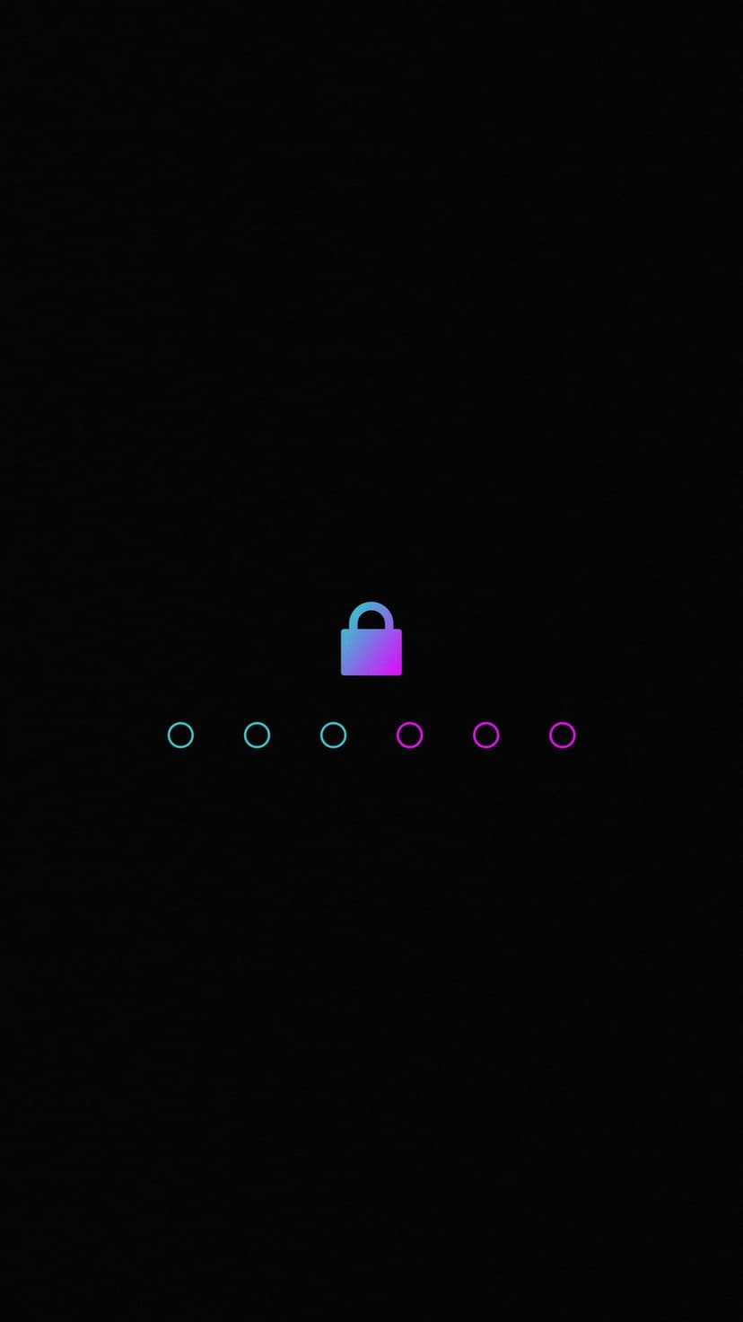 Neon purple padlock icon glowing above six circular password input fields on a dark minimalist background.