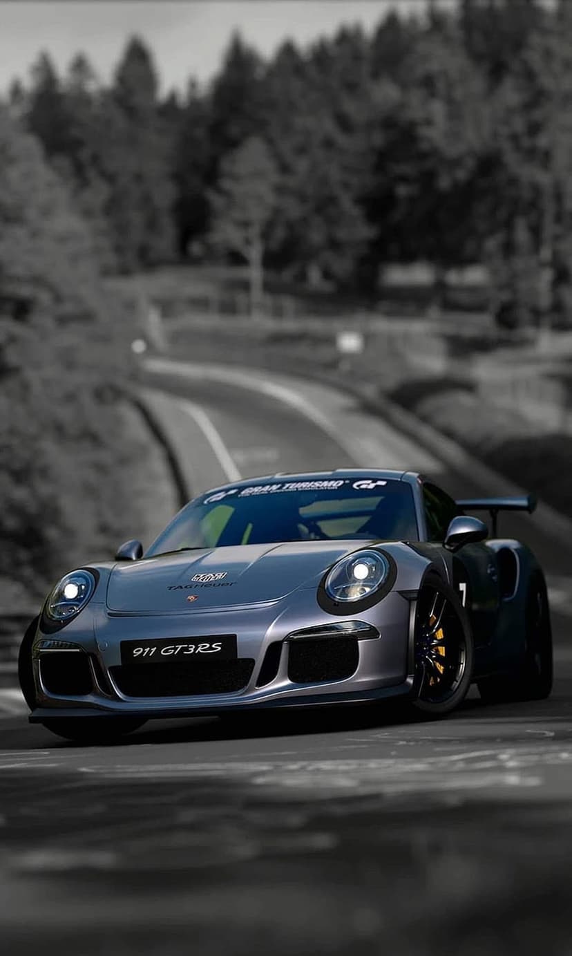 Silver Porsche 911 GT3 RS racing on a track with a rear wing visible against a grayscale forest background.