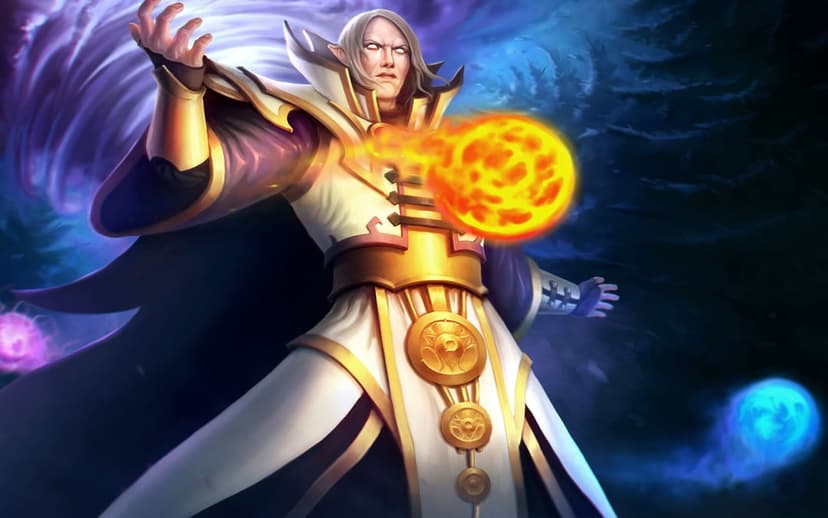 Sorcerer with glowing eyes casting a fireball and purple arcane spells in an ornate white and gold robe.