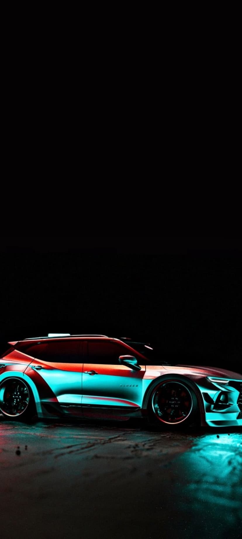 Low-profile SUV featuring glowing blue and red neon trim on the body and rims against a pitch-black backdrop.