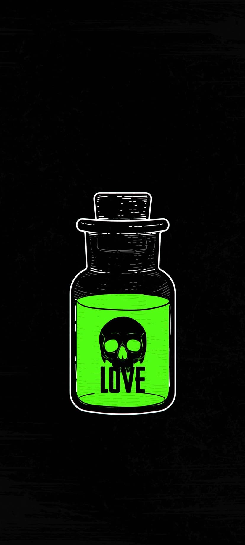 Glass poison bottle filled with neon green liquid and a black skull icon sits on a solid black background.