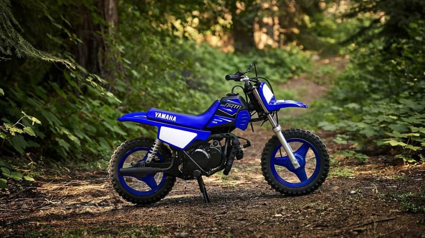 Blue Yamaha PW50 dirt bike parked on a dirt forest trail with dappled sunlight through green trees.