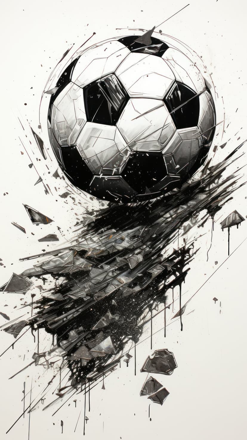 Soccer ball exploding into sharp geometric shards and black ink splatters against a clean white background.