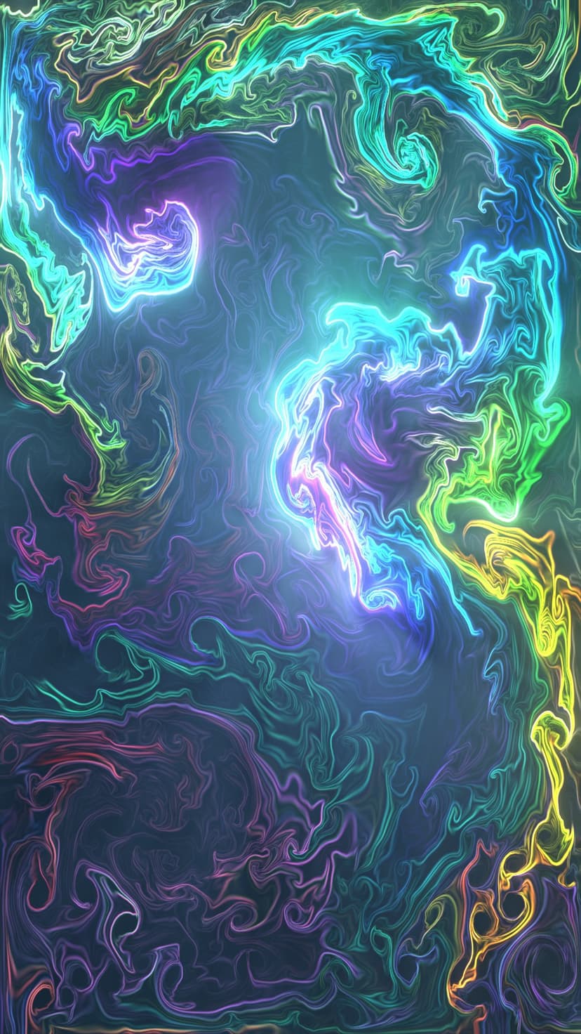Luminous neon swirls of blue and purple light curve against a dark smoky background in a fluid vertical motion.