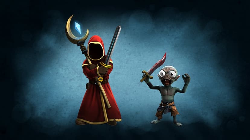 A red-robed wizard with a crescent staff and sword stands beside a wide-eyed goblin holding a bloody dagger.