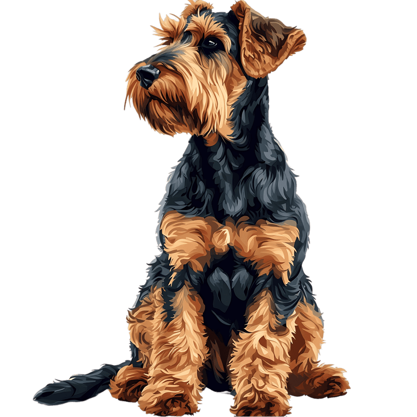 Airedale Terrier dog sitting showing wiry tan fur and black saddle markings against a dark studio background.