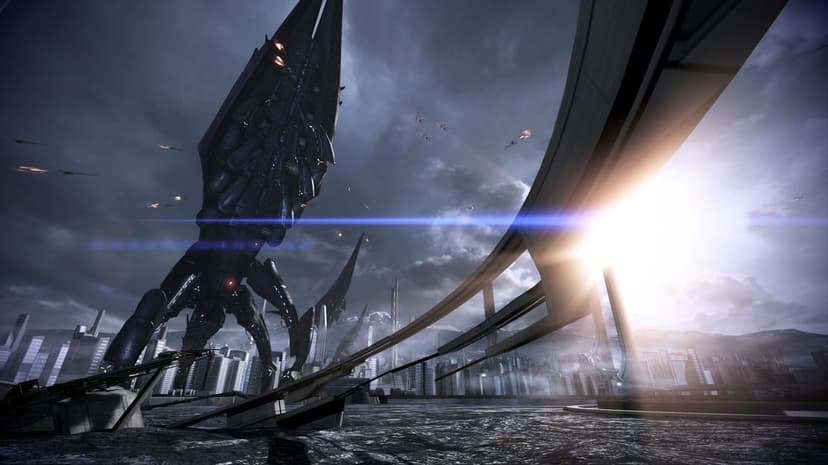 Massive black robotic Reaper standing over a futuristic city harbor with a bright lens flare and dark sky.
