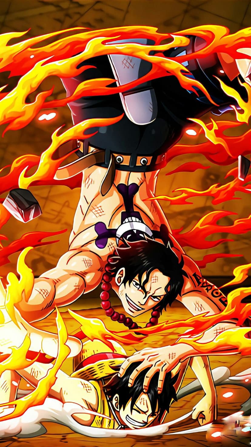 Portgas D. Ace and Monkey D. Luffy stand amidst swirling orange fire and glowing embers in a vertical scene.