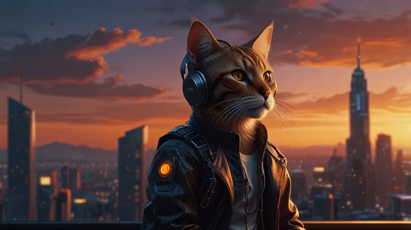 Tabby cat with headphones and leather jacket sits on a skyscraper ledge during a vibrant golden hour city sunset.
