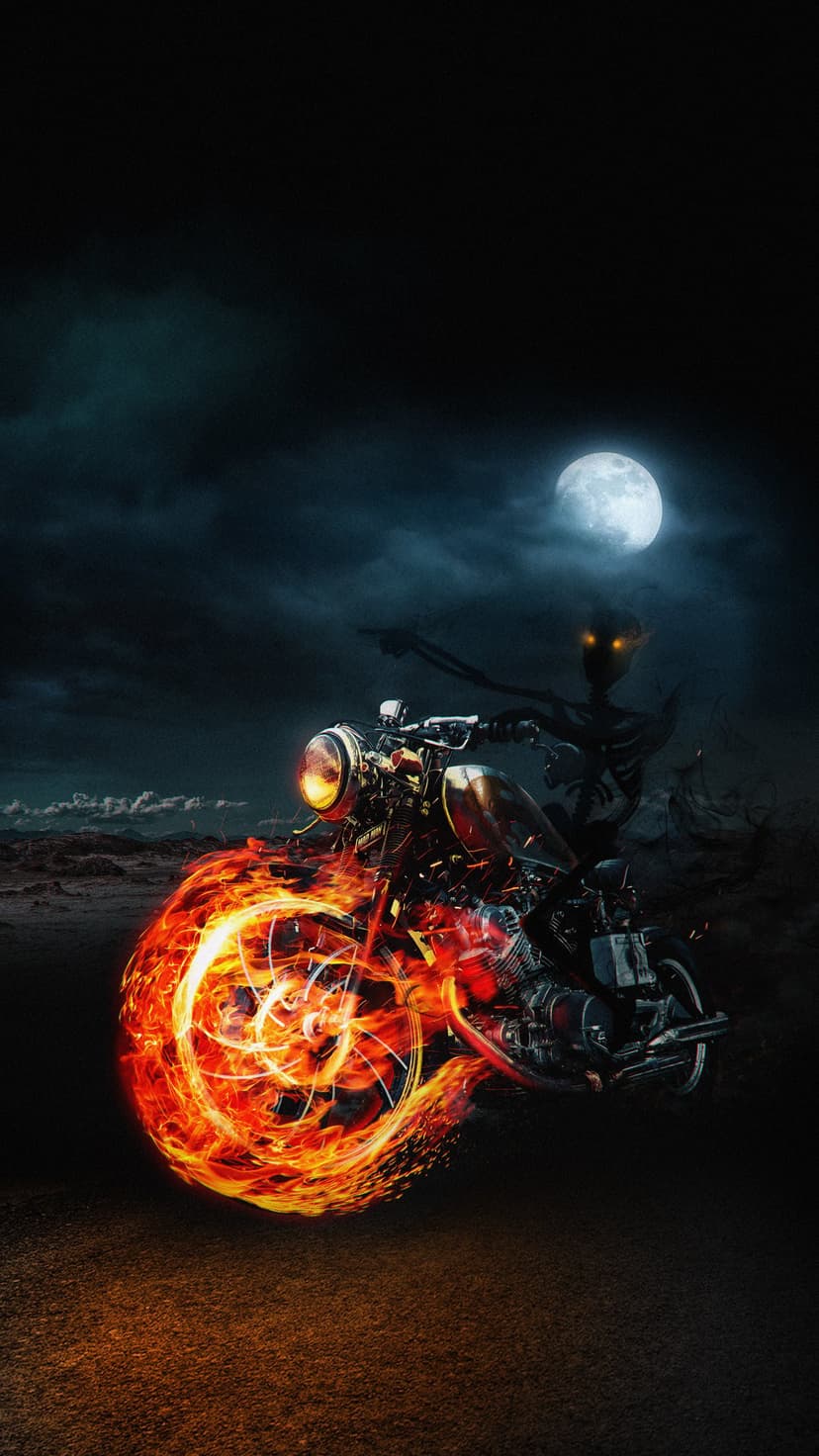Ghost Rider on a motorcycle with flaming wheels drives through a dark desert under a massive glowing full moon.