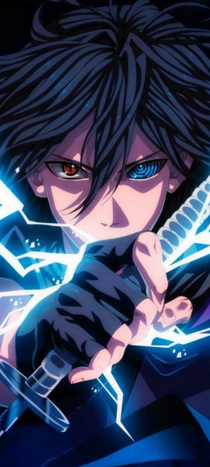 Sasuke Uchiha grips a sword sparking with blue lightning while his red Sharingan and purple Rinnegan glow intensely.