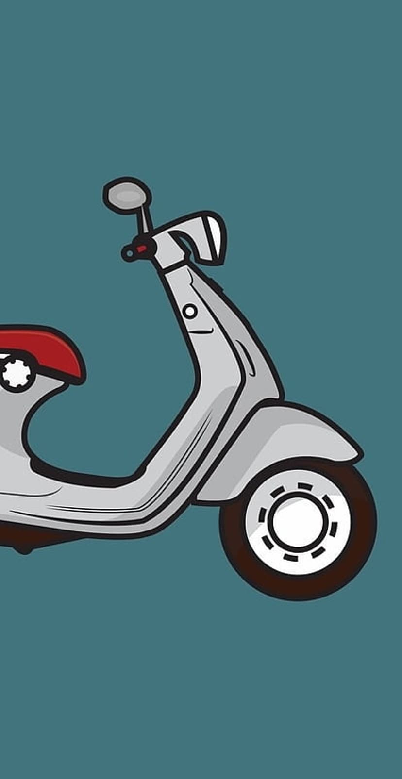 Silver retro scooter with a red seat and bold outlines centered on a solid teal background in a vertical layout.