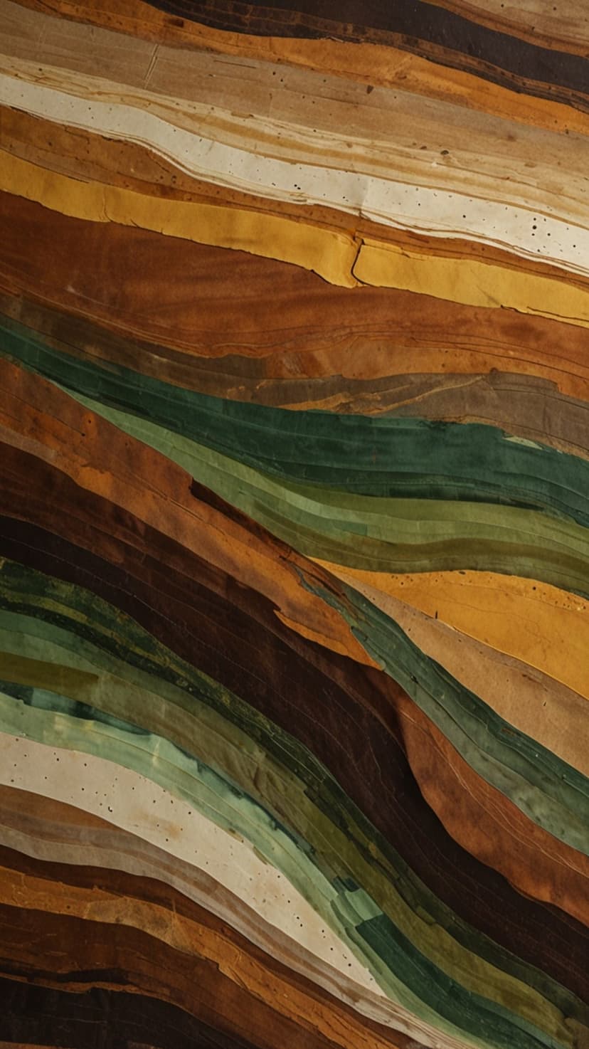 Wavy stripes of ochre, sage green, and brown flow across the frame, resembling layered sedimentary rock or wood.