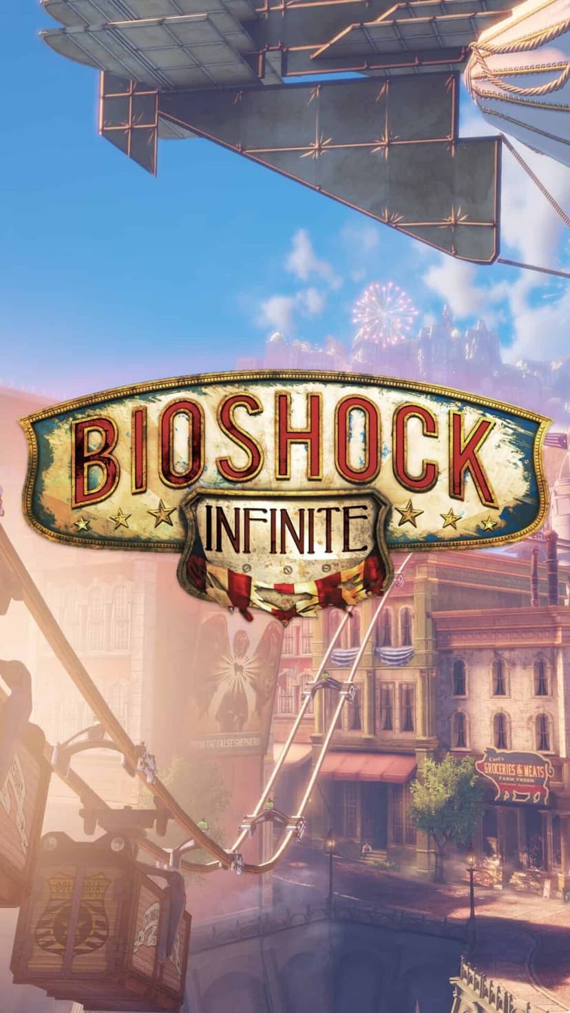 BioShock Infinite logo over Columbia's floating buildings, airships, and skyline tracks under a blue sky.