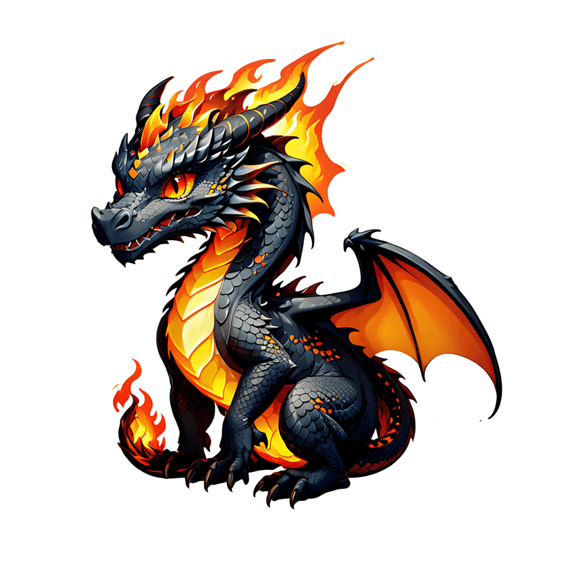Charcoal dragon chibi illustration with glowing red eyes, orange flames, and scaly black skin on a white border.
