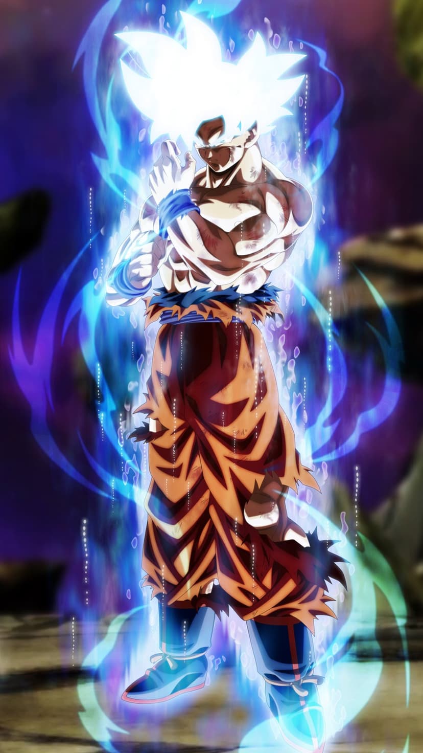 Goku with silver hair stands in battle-worn orange pants surrounded by a flickering blue and violet energy aura.
