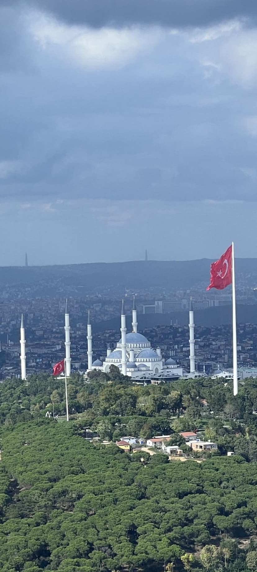 Kocatepe Mosque with white minarets and domes sits behind a red Turkish flag under a cloudy Ankara sky.