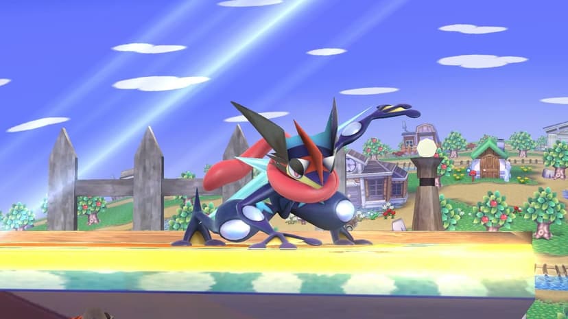 Ash-Greninja crouched in a combat pose on a sunny Super Smash Bros stage with a village background.